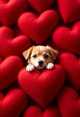 A cute puppy dog is showing his head from bunch of red heart shape pillows representing Valentines day