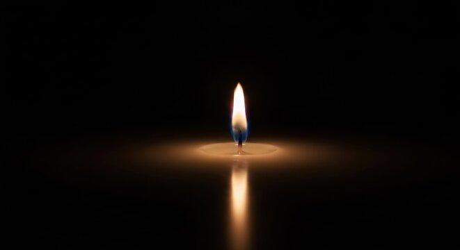 Single candle flame glowing on dark background, reflecting light - Powered by Adobe