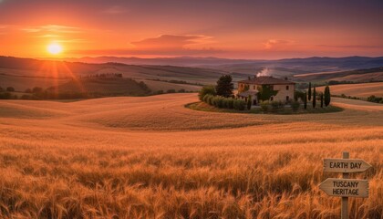 Fototapeta premium Golden wheat fields and rolling hills surrounding a farmhouse at sunset