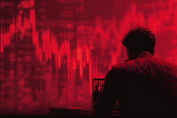 man watching red stock market chart on a digital screen