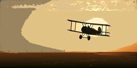 Vintage biplane silhouetted against a vibrant sunset with a distant landscape © Tusar