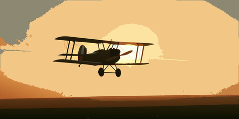A vintage biplane silhouetted against a bright dramatic sunset sky © Tusar