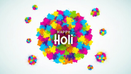 Obraz premium Vibrant holi celebration with colorful powder explosion and happy holi text on white background for festive indian holiday with graphic and pink