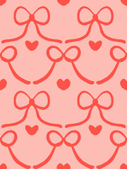 Hand drawn ribbon and heart pattern in red and pink colors