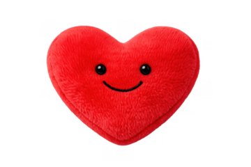 Red plush heart toy with a smiling face expressing love and happiness for valentine's day or sweet greetings on transparent background
