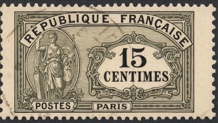 Vintage French Postage Stamp Featuring Marianne and Value.
