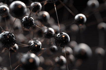 Abstract dark metallic spheres connected by thin lines forming a molecular structure