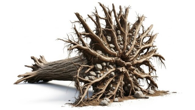 Massive tree stump lying sideways with intricate exposed root network packed with stones and soil, powerful concept image of resilience, erosion, stability and hidden structures in nature

