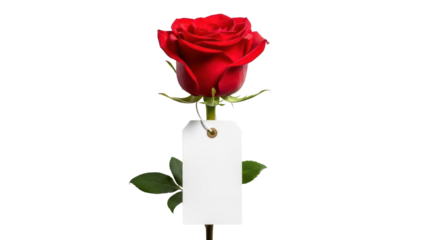 Single Red Rose with Blank White Gift Tag Product Shot isolated PNG with Transparent Background