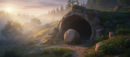 Stone cave entrance dawn, misty forest hillside landscape, sunrise light, large round boulder, serene path, tranquil nature