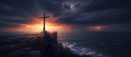 Wooden cross rocky cliff stormy sunset dramatic sky ocean wave glowing light religious symbol lonely landscape wooden cross rocky cliff above
