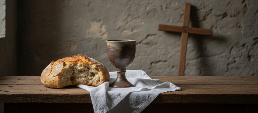 Rustic table bread chalice cross cloth wood religious still life scene with soft light for worship reflection faith background
