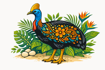 Colorful Indonesian Rare Bird Illustration with Tropical Flowers