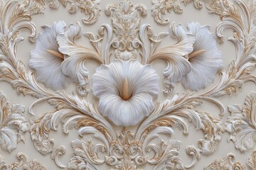 Ornate three dimensional floral bas-relief carving featuring stylized blossoms and scrolling acanthus leaves