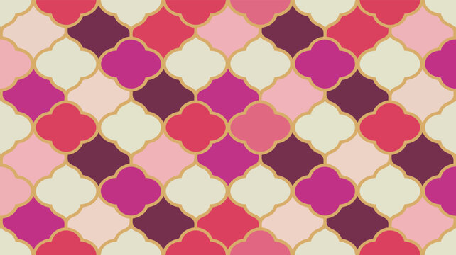 A vibrant seamless Moroccan quatrefoil tile pattern features shades of pink, red, purple, and cream