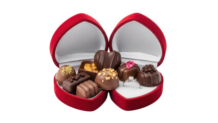 Red Velvet Heart Shaped Box with Assorted Chocolate Pralines and Engagement Ring isolated PNG with Transparent Background