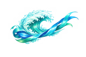 Stylized water wave breaking with a blue and green swirl ribbon flow, dynamic liquid motion on transparent background