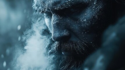 Close Up Portrait of a Man Covered in Glitter and Snow with a Cold Misty Breath in Dark Blue Tones