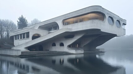 Unique Brutalist Architecture Overlooking Calm Water Reflecting Overcast Sky Surrounded by Trees on a Foggy Day