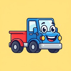 Naklejka premium Smiling cartoon truck with red bed.