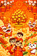 Colorful Chinese New Year illustration featuring lion dance, children, gold coins, and festive decorations symbolizing luck and prosperity.