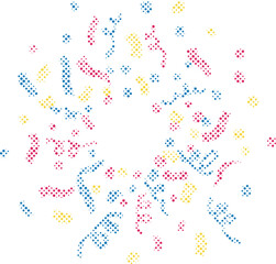 Obraz premium Celebratory halftone confetti explosion with colorful dots and whimsical streamers isolated on transparent background, Vector