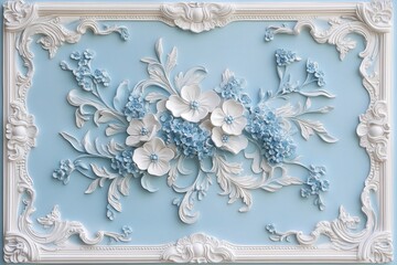 Ornate three dimensional floral relief molding decorates a pale blue background
