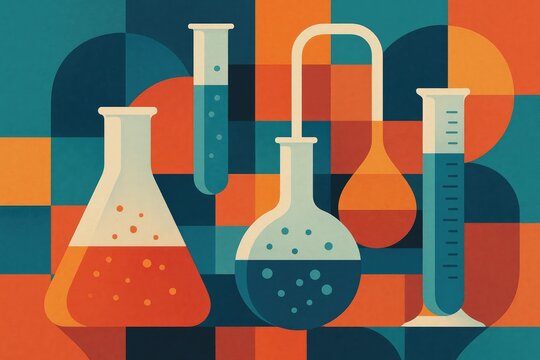 Abstract science lab flasks and tubes with geometric patterns, chemistry research flask test tube. - Powered by Adobe