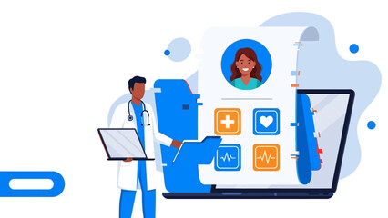Fototapeta premium A doctor uses a laptop to manage a patient's digital health record, showcasing modern telemedicine and e-health solutions for comprehensive care.