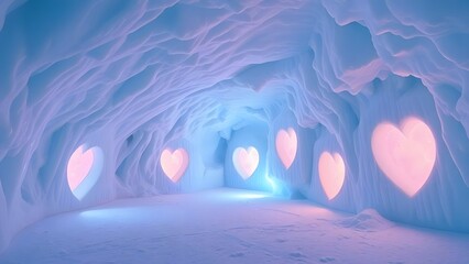 Enchanting ice tunnel with illuminated heart shapes