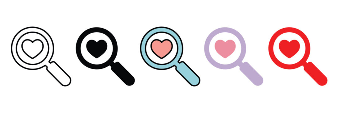 Search Favorite Icon Set with Heart Magnifier for UI UX App Web Vector