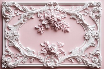 Ornate plaster molding with floral relief detailing set against a soft pastel background