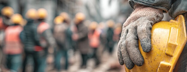 Construction worker holding yellow hard hat on busy worksite  