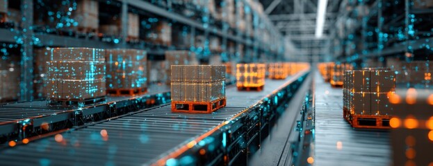 Industrial logistics warehouse with pallets and data visualization  