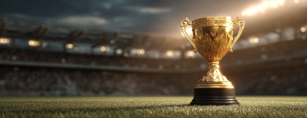 Golden trophy on field under dramatic stadium lighting at dusk  