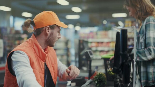 Male clerk processes contactless payment swiftly, Professional cashier quickly scans produce at modern terminal