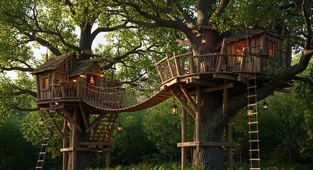 Two rustic treehouses connected by a charming rope bridge nestled high in lush green trees.