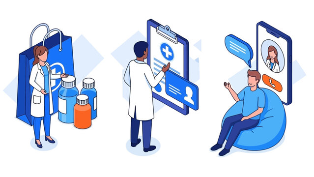 Dynamic isometric illustrations depict the convenience of modern digital healthcare, featuring online pharmacy services, doctor consultations, and virtual telemedicine.