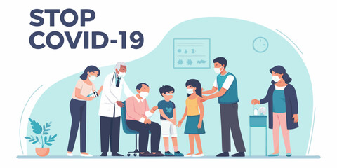 People receiving covid 19 vaccinations at a clinic with medical staff