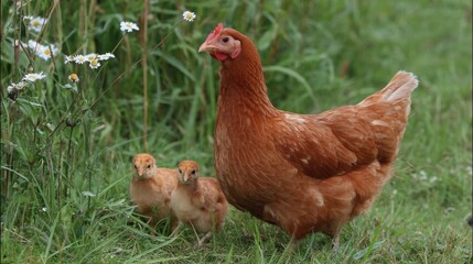 Mother hen with her adorable chicks walking in a lush green field surrounded by wildflowers on a sunny day, capturing the essence of rural life and nature