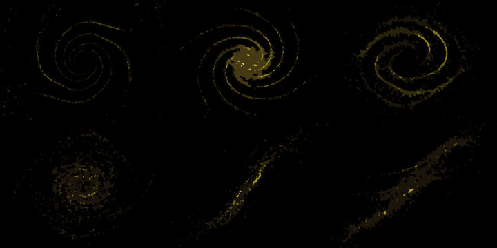 Golden spiral galaxies and cosmic dust formations against a dark background