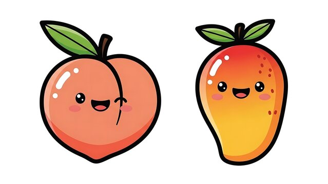 Cartoon peaches and mango smiling faces.