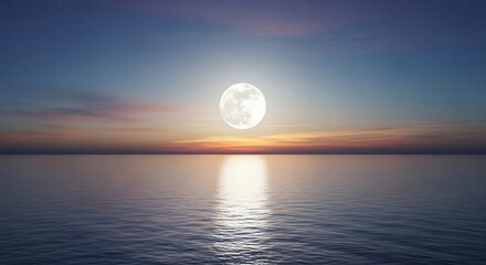Tranquil ocean scene with full moon reflecting in calm waters at sunset