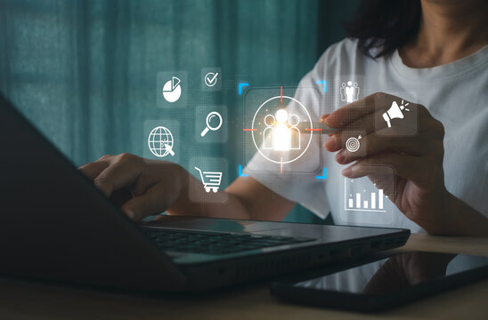 Customer targeting, digital marketing analysis concept with audience segmentation icon, data analytics, business strategy, growth planning on laptop, modern marketing technology, data driven decision.