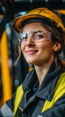 Industrial worker woman smiling while operating a forklift in factory, vertical photo