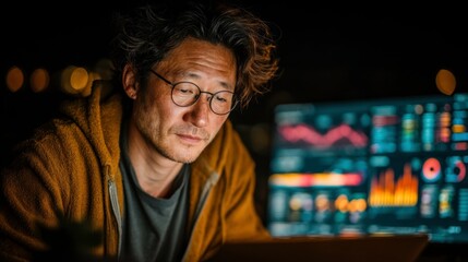 Focused Man Analyzing Data on Laptop with Financial Charts Displayed