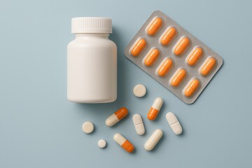 Medication blister pack and pills with white bottle on light blue surface, pharmaceutical capsules.