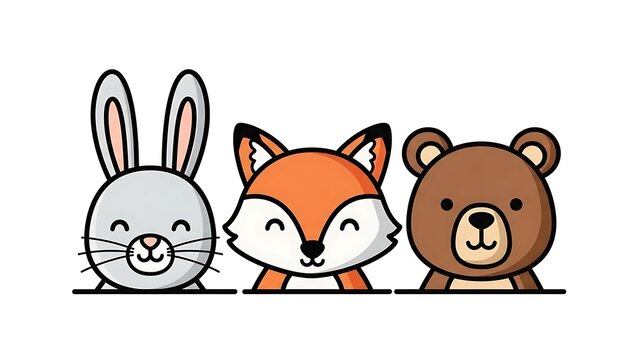 Cartoon animals smiling behind line.