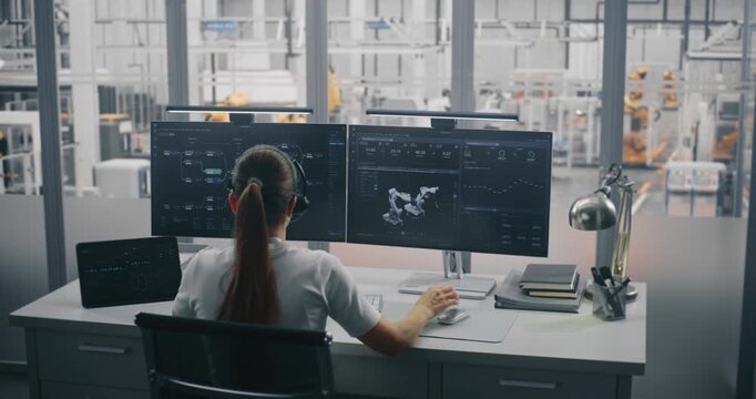 Female Engineer on Headset, Managing 3D Robot Automation Model and Performance Metrics on Monitors. Control Room Overlooks Industry 4.0 Factory Floor. Smart Manufacturing and Robotics Management.
