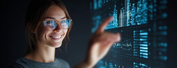 Young woman smiling while interacting with digital data on screen  